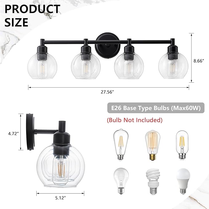 Bathroom Light Fixtures,4-Light Modern Bathroom Vanity Light,Black Wall Sconce with Clear Glass Globe Shades,Adjustable Brightness Wall Lights for Kitchen,Bedroom,Hallway,Living Room
