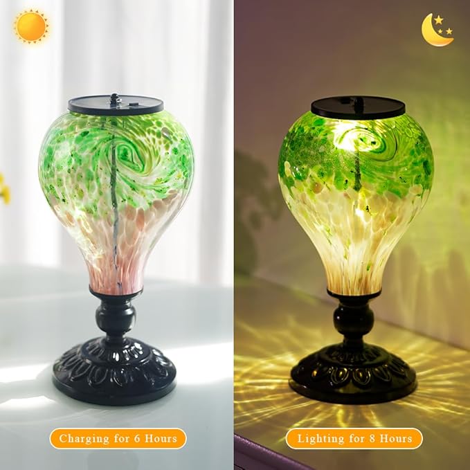 Outdoor Table Lamp Waterproof Glass Table Lamp 9.8" H Hot Air Balloon Solar Lamps Led Garden Lights for Patio Desk Garden Yard Tabletop Decor Ideal Gifts(Green)