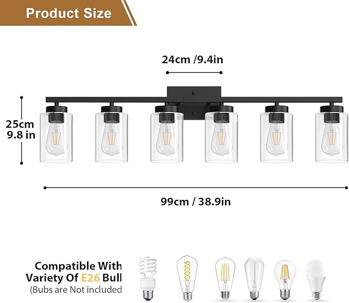 IZORRO Modern Bathroom Light Fixtures, 6 Light Black Vanity Lights, Bathroom Lighting Fixtures Over Mirror with Clear Glass for Living Room Cabinet Bedroom