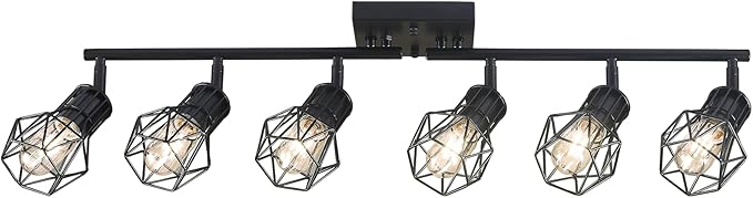 Black Track Lighting Fixtures Ceiling,6-Light Farmhouse Track Lighting with Metal Cage Design – Kitchen Lights Ceiling Mount for Kitchen, Living Room, Dining Room (E26 Base)