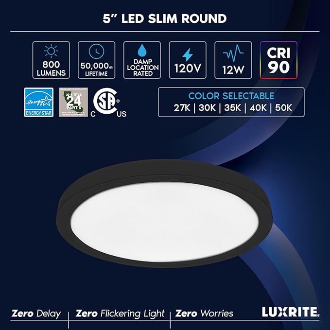 LUXRITE Slim 5 Inch LED Flush Mount Ceiling Light, 12W 800LM, 5CCT 2700K 3000K 3500K 4000K 5000K, Dimmable LED Ceiling Light, Damp Rated, Energy Star, Title 24 - Black