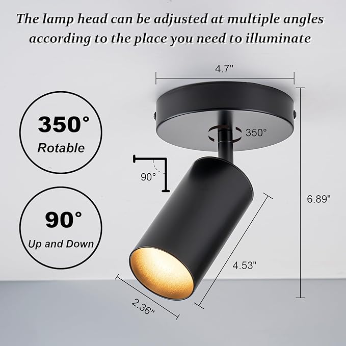 LED Spotlight Indoor 2 Pack Black Ceiling Spotlight Fixtures Adjustable 90° Anti-Glare Spot Lights, Ideal for Living Room, Paintings, Wall Art and Artwork, Warm White 3000K