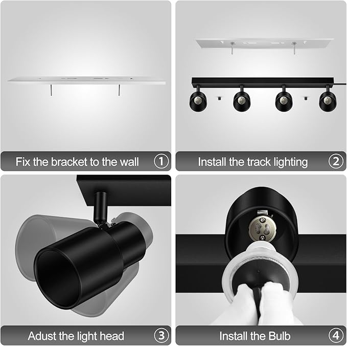 Plug in Track Lighting, 23" LED Track Lighting Fixtures Ceiling, Black 4 Way Spotlight, Rotatable Track Head, Plug in Ceiling Light with Power Cord, Plug Wall Light for Kitchen Hallway(GU10, NO Bulb)