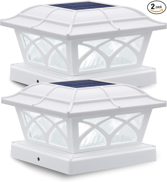 SIEDiNLAR Solar Post Cap Lights Outdoor Glass 2 Modes 8 LEDs for 4x4 5x5 6x6 Posts Fence Deck Patio Decoration Warm White/Cool White Lighting White (2 Pack)