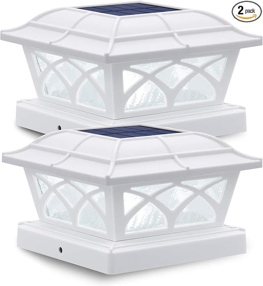 SIEDiNLAR Solar Post Cap Lights Outdoor Glass 2 Modes 8 LEDs for 4x4 5x5 6x6 Posts Fence Deck Patio Decoration Warm White/Cool White Lighting White (2 Pack)