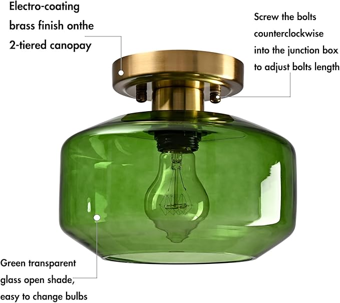 Vintage Semi Flush Mount Ceiling Light with Open Green Glass Shade Mid Century Modern Light Fixture for Living Room, Hallway, Bedroom