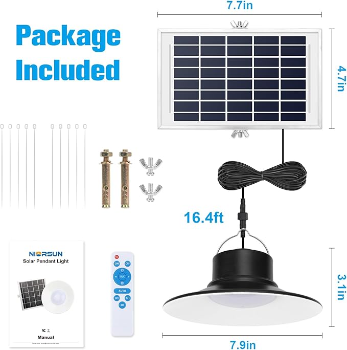 NIORSUN Solar Lights Outdoor, LED Solar Pendant Light 3000K|4000K|5000K| Dimmable Lighting with Remote Control, 16.4ft Cable IP66 Waterproof for Patio, Garage, Camp, Chicken Coop, Shed Barn