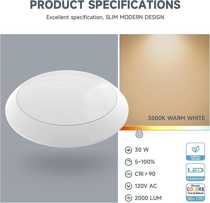 ECOELER 8 inch LED Dimmable Disk Light, 30W, 2000 Lm, 3000K Warm White, Surface Mount LED Ceiling Light, Wet Rated, Aluminum Baffle Trim, ETL Listed, White