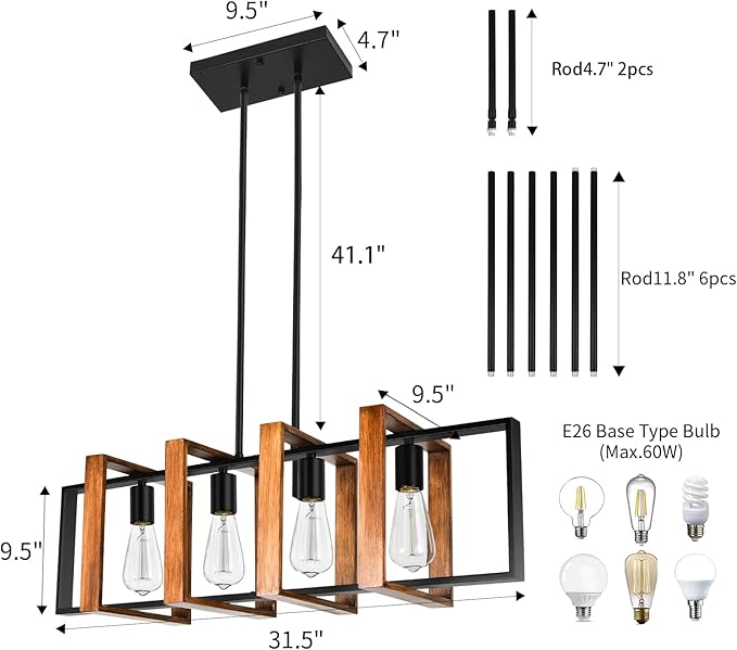 Antique Wood Chandelier Island Lights for Kitchen, 31.5" Pendant Lights Kitchen Island Lighting, 4-Light Rectangular Wood Black Rustic Farmhouse Chandeliers for Dining Room Light Fixtures Over Table