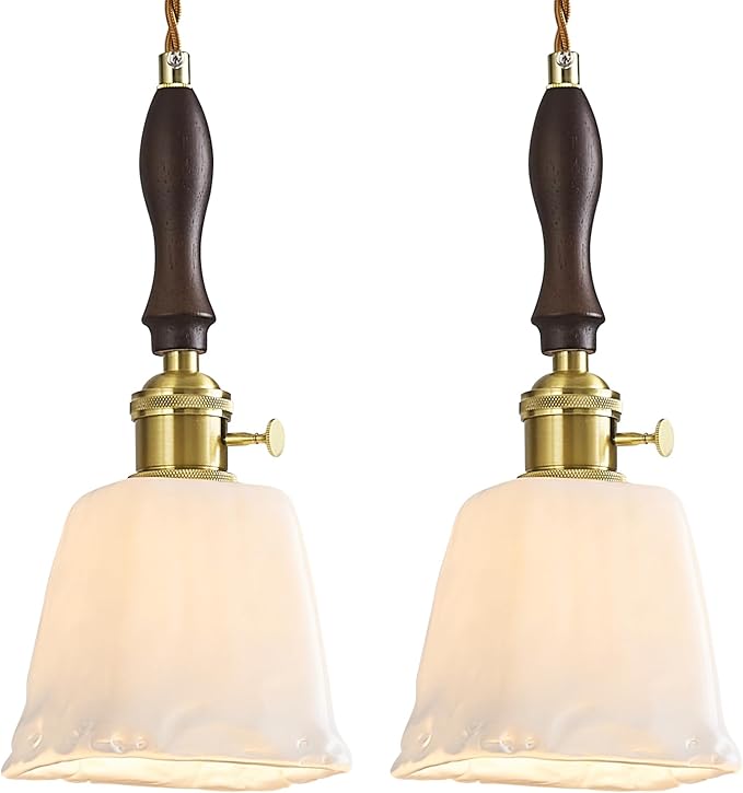 Mini Pendant Light Milky White Glass Pendant Lights Vintage Brass Pendant Lighting Kitchen Island Hanging Lamp with Wood Handle for Bedroom Dining Room (2 Pack)