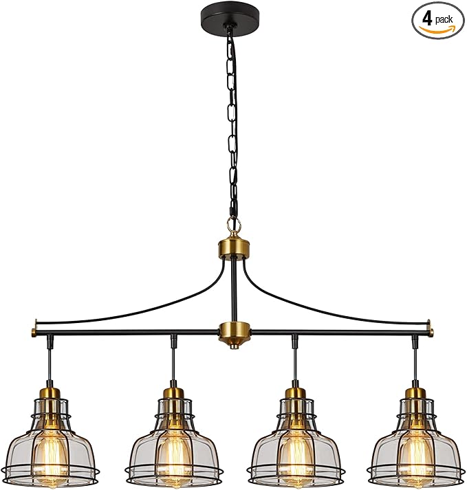 WILON Dining Room Lights, 4 Light Pendant Lighting for Kitchen Island Farmhouse Chandelier Dining Room Light Fixture, Rustic Chandelier Black Modern Pendant Lighting with Clear Glass Shades