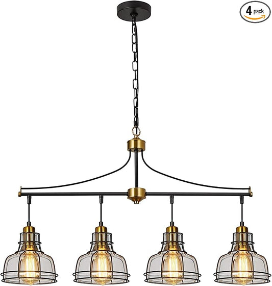 WILON Dining Room Lights, 4 Light Pendant Lighting for Kitchen Island Farmhouse Chandelier Dining Room Light Fixture, Rustic Chandelier Black Modern Pendant Lighting with Clear Glass Shades