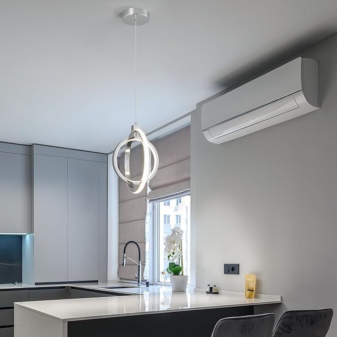 Modern LED Chandelier Chrome Ring Pendant Light Fixtures 4000K Dimmable Height Adjustable Pendant Lighting for Dining Room Kitchen Island Bedroom Living Room Foyer（Chrome Round 3-Pack）
