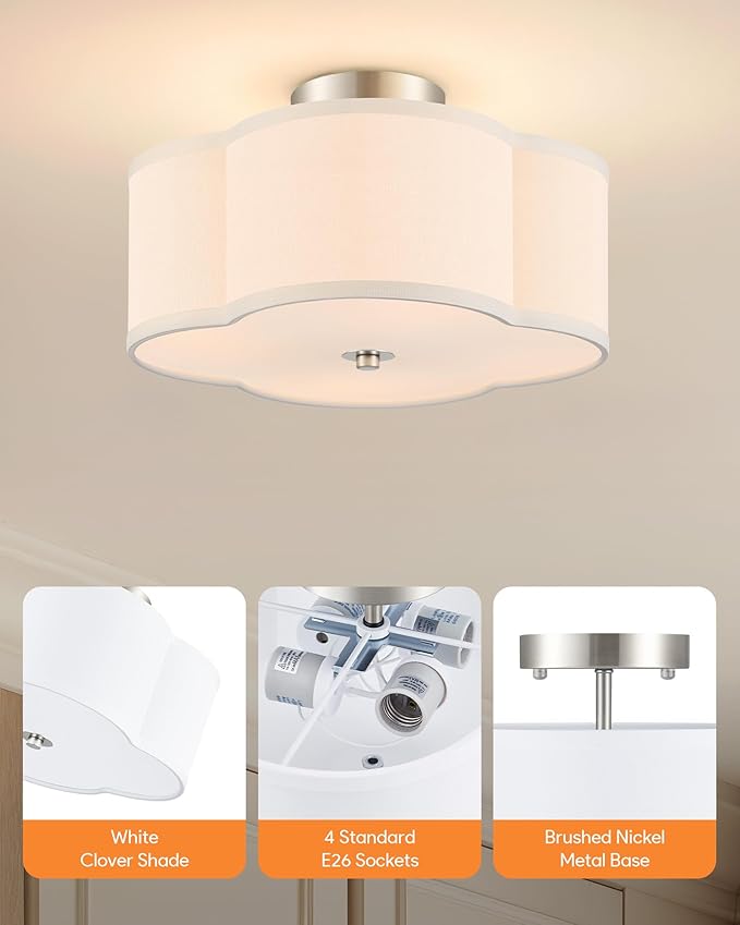 VONLUCE Semi-Flush Mount Ceiling Light, 12.8" Modern 4-Light Ceiling Light Fixture with White Clover-Shaped Shade 4 E26 Sockets for Bedroom Entryway Living Room, Nickel Finish, ETL Certificated