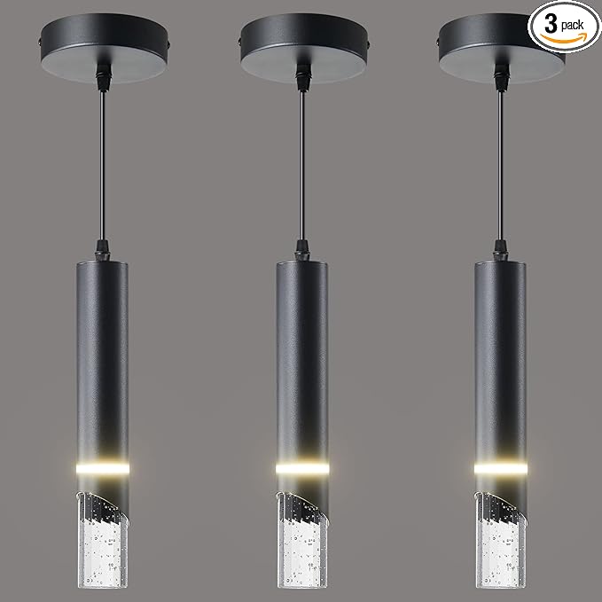 Pendant Lights Kitchen Island Dimmable LED Kitchen Lighting Matte Black Hanging Light fixtures Bubble Crystal Mini Pendant Light, Modern Pendant Ligh(3 Pack)