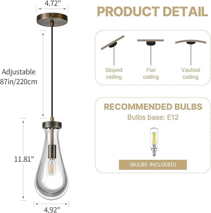 Raindrop Pendant Lights Kitchen Island: Set of 2 Vintage Copper Teardrop Pendants Light - Crystal Hanging Light over Dining Table - Raindrops Lights Fixture for Bedroom Kitchen Island Bulbs Included