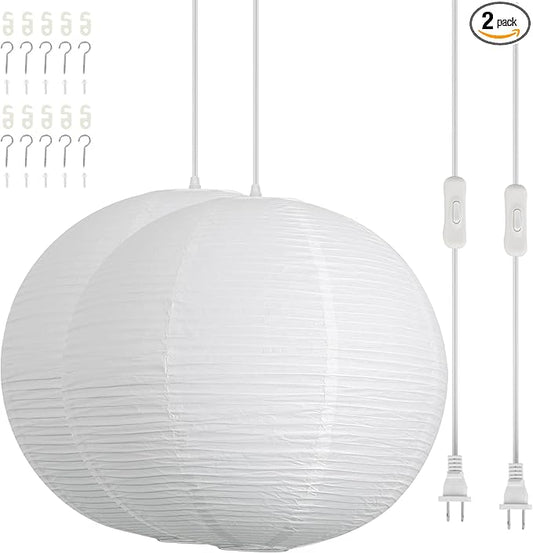 Paper Lantern Lamp Plug in Hanging Lamp, 20in White Rice Paper Pendant Light with 19.7FT Cord Large Globe Japanese Japandi Wabi Sabi Chandelier for Dining Living Room Bedroom Office 2 Pack