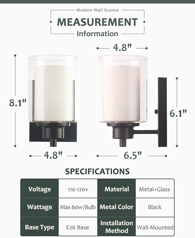 2 Pack Bath Vanity Light Fixtures 1-light, Indoor Black Wall Light with Dual Glass Shade, Farmhouse Bathroom Wall Scone, Vintage E26 Bese Wall mount Lighting for Porch Bedroom Entryway Stairs