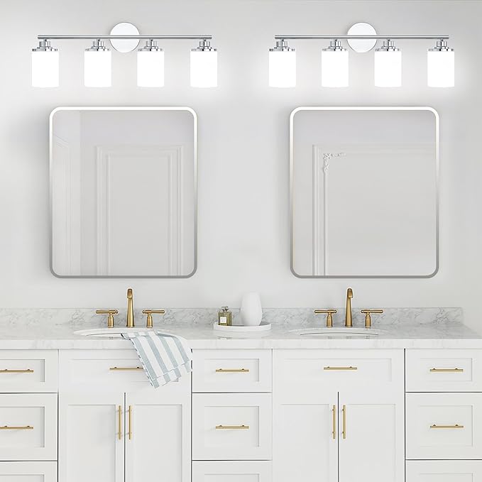 Chrome Mid-Century Modern Bathroom Sconce with Frosted Glass, 4-Light Vanity Lights Over Mirror