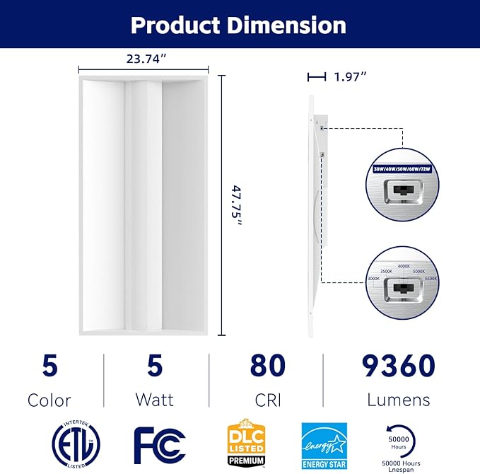 2x4 FT LED Center Basket Troffer Light, 5CCT Color Tunable 3000/3500/4000/5000/6500K, Watt Adjustable 72W/60/50/40/30W, 0-10V Dimmable Drop Ceiling Lights, 120-277V-ETL&DLC Qualified-16Pack