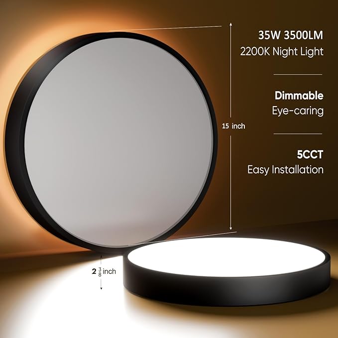 Lightania 15 Inch Flush Mount Ceiling Light with Remote Control & Night Light, 5CCT Dimmable Ceiling Light Fixture, 35W 3500LM 2700K-6500K Adjustable LED Ceiling Lights for Bedroom Kitchen, Black