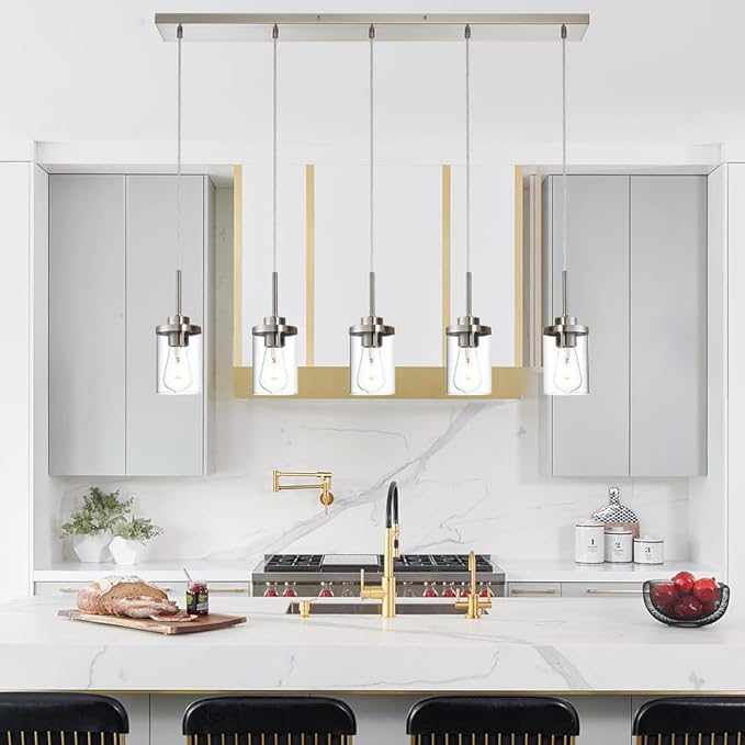 5 Lights Island Lights for Kitchen Modern Industrial Brushed Nickel Linear Chandeliers with Clear Glass Shade for Dining Room Kitchen Long Finish Ceiling Lighting Fixtures