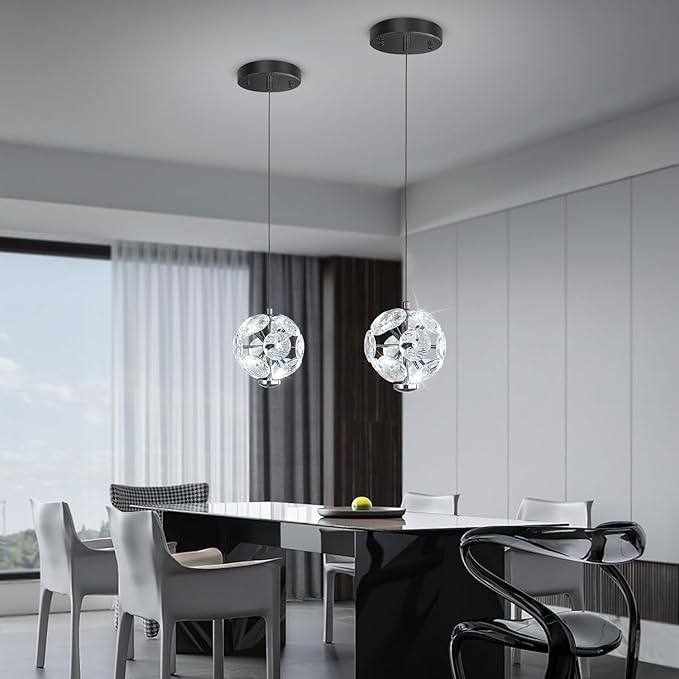 ykolupty Pendant Lights Kitchen Island Crystal Globe Chandelier LED Black Island Light Crystal Pendant Light for Dining Foyer Entrance