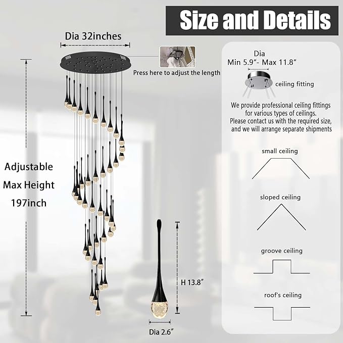 ykolupty Staircase Chandelier 42-Lights Crystal Ceiling Lights Adjustable Length 197inches Large Chandeliers for High Ceilings, Entryway Lighting Fixture Black