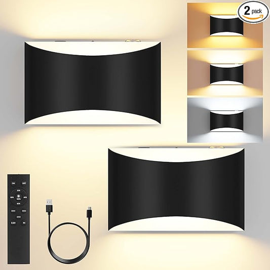 FOLKSMATE Battery Operated Wall Sconces Set of 2, 8000mAh Rechargeable Remote & Touch Control Wall Lamps, 3 Color Temperatures, Timer Dimmable Light for Bedroom, Living Room, Hallway