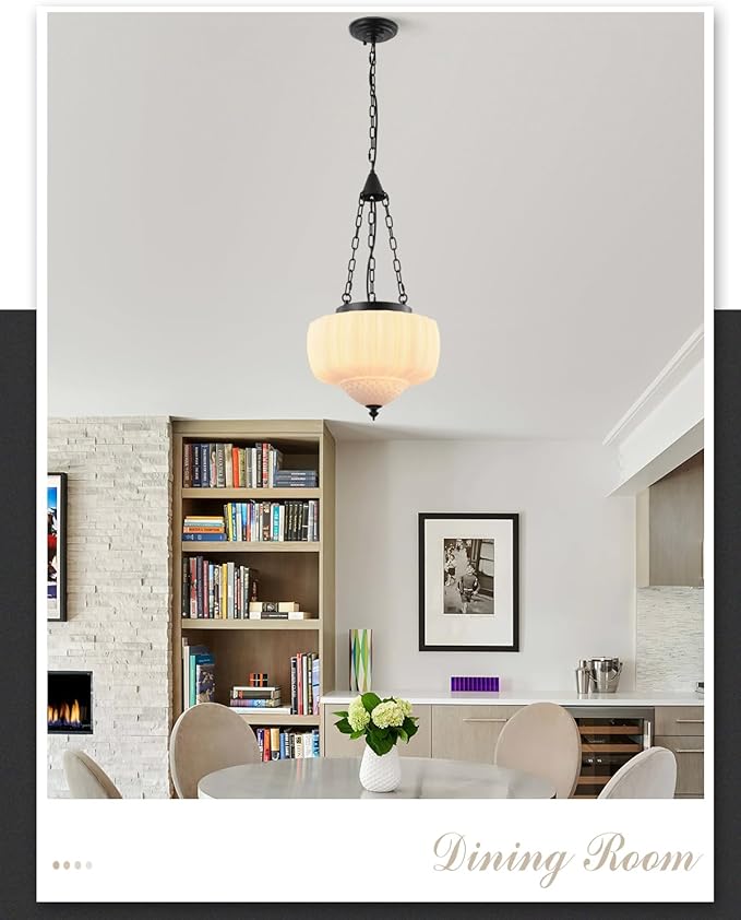 14 Inch Schoolhouse Pendant Light,Milk White Glass with Black Chain,Mid Century Modern Hanging Pendant Light,Vintage Light Fixture for Bedroom,Dining Room,Island,Hallway