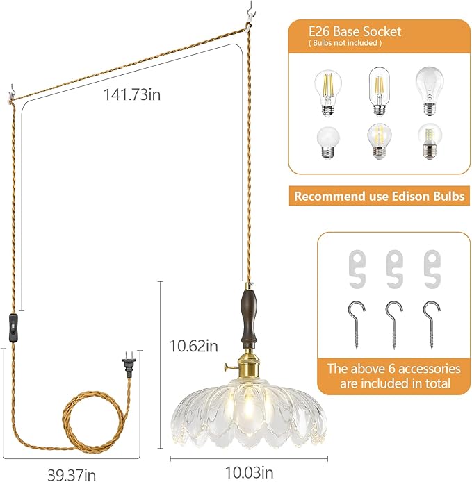 Modern Clear Plug in Glass Pendant Light Retro Flower Glass Hanging Lamp Gold Brass Decorative Adjustable Ceiling Hanging Light Suitable for Kitchen Island Bedroom Dining Room Living Room