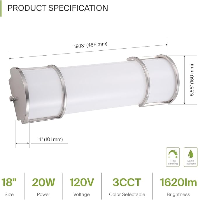 ASD LED 18" Vanity Flush Mount Light Fixture, Linear Bathroom Lighting Bar | 3CCT, Dimmable, Energy Star, ETL Listed | 20W 1650LM 3000-5000K 120V | Long Tube Bath Wall Sconce Over Mirror | Nickel