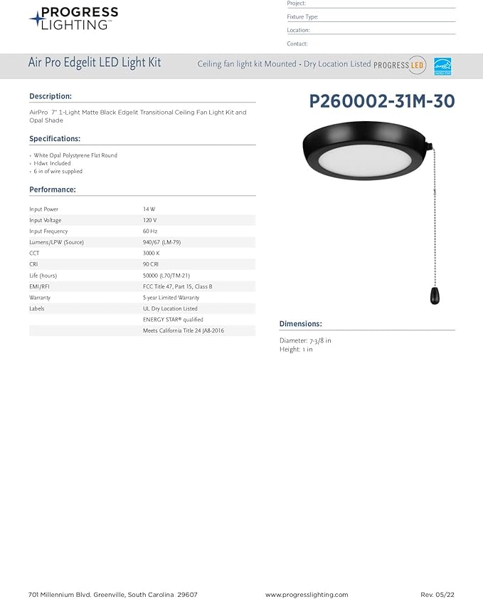 Progress Lighting P260002-31M-30 AirPro 1-Light Transitional Integrated LED Edgelit Ceiling Fan Light Kit Matte Black with Opal Shade