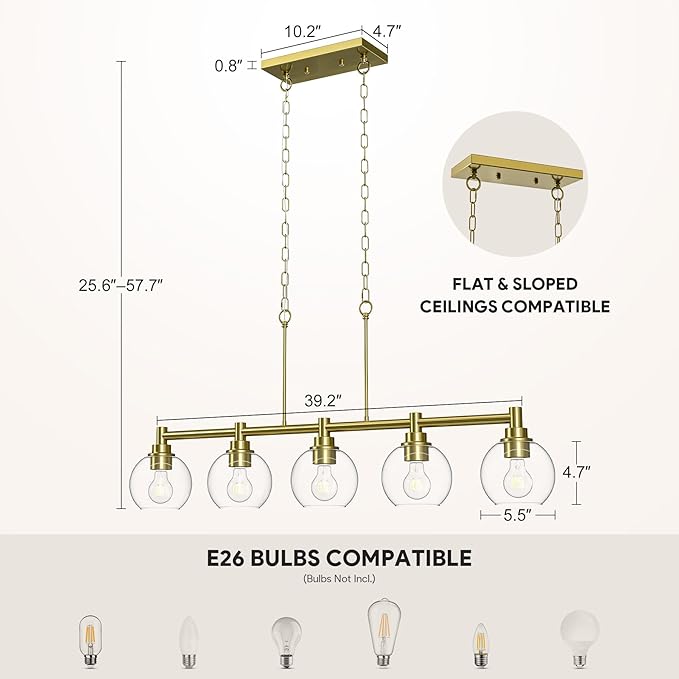 VONLUCE Dining Room Light Fixture Over Table, 5-Light Kitchen Island Lighting with Round Glass Shades & Adjustable Hanging Heights, Linear Chandlier for Dining Room Kitchen, Gold, ETL Certificated
