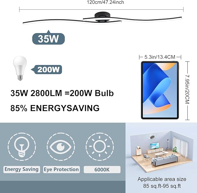 47.24Inch Linear Ceiling Light 6000K Black Modern Ceiling Light Fixture 35W Long Flush Mount Ceiling Lamp for Hallway, Kitchen, Bedroom, Dining Room