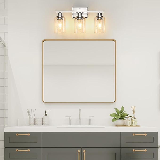 Unicozin 3 Light Bathroom Light Fixtures, Modern Vanity Lights Over Mirror, Brushed Nickel Wall Lamp with Clear Glass for Living Room Cabinet Bedroom Porch
