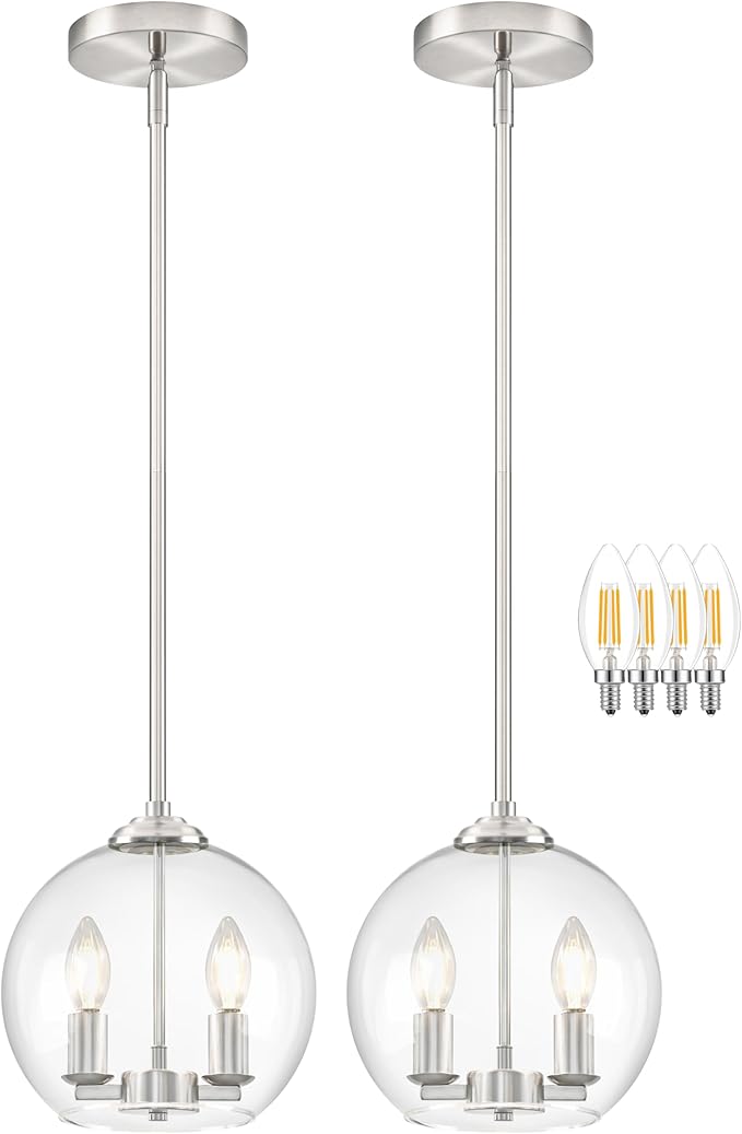 10" Globe Pendant Lights Kitchen Island 2 Pack Glass Globe Pendant Light Fixture Bedroom Mid Century Modern Pendant Lighting Nickel Pendant Light for Kitchen Island (Bulb Incl.)