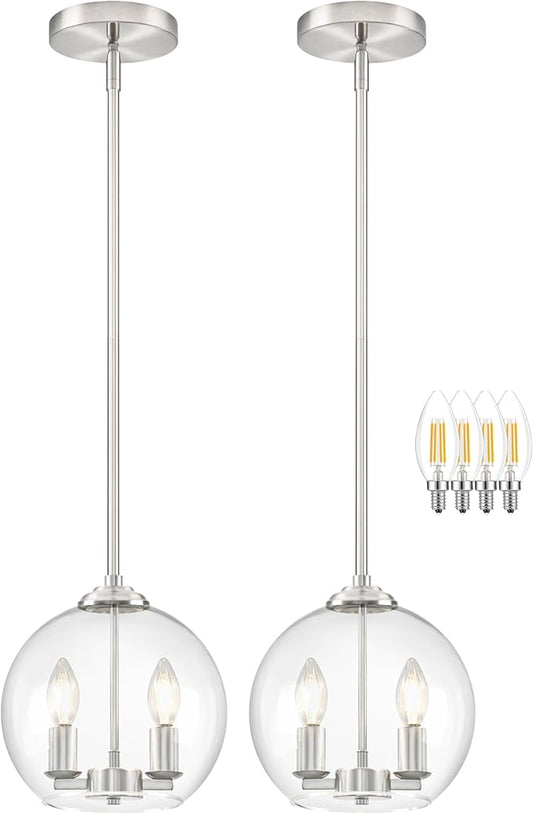 10" Globe Pendant Lights Kitchen Island 2 Pack Glass Globe Pendant Light Fixture Bedroom Mid Century Modern Pendant Lighting Nickel Pendant Light for Kitchen Island (Bulb Incl.)