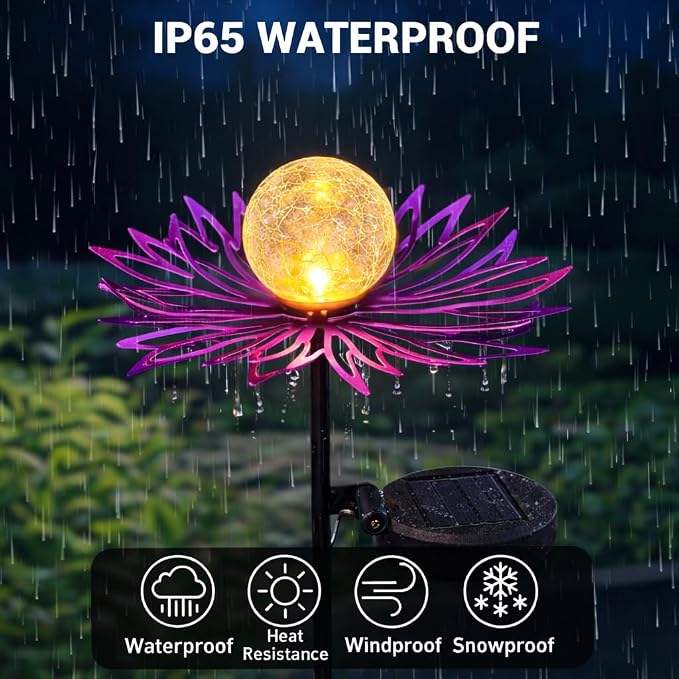 Solar Garden Lights Outdoor Decor, Metal Flower Solar Stake Light with Warm White Crackle Glass, Waterproof Yard Art Ornament for Patio Lawn Backyard, Unique Gardening Gifts for Women (Purple)