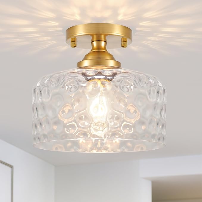 Small Semi Flush Mount Ceiling Light Fixture, Vintage Gold Close to Ceiling Lighting with Hammered Glass Shade for Hallway, Kitchen, Entryway (Retro Design, Easy Install)