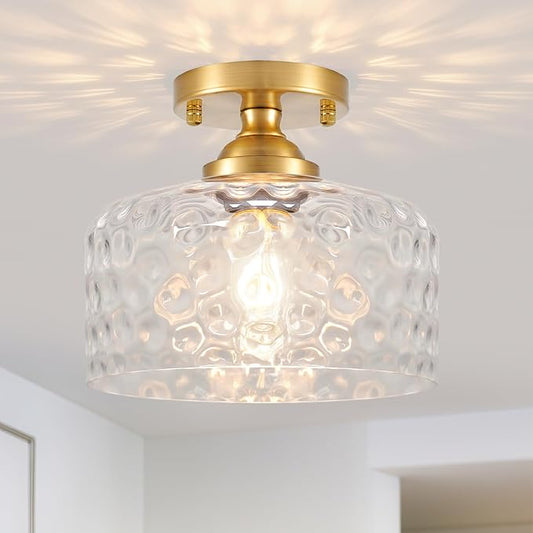Small Semi Flush Mount Ceiling Light Fixture, Vintage Gold Close to Ceiling Lighting with Hammered Glass Shade for Hallway, Kitchen, Entryway (Retro Design, Easy Install)