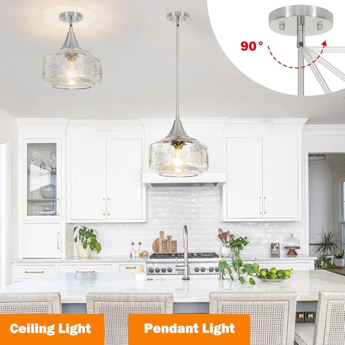 Brushed Nickel Pendant Light, Pendant Lights Kitchen Island with Large Globe Glass Lampshade, Pendant Light Fixtures with Adjustable Cable, Hanging Light for Dining Room Bathroom Bedroom, E26 Base