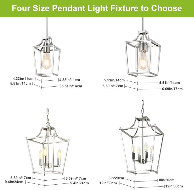 Brushed Nickel Lantern Pendant Light Fixture Pendant Lights for Kitchen Island with Clear Glass Shade, Adjustable Height Rods Pendant Lighting for Dining Room Kitchen Foyer Hallway