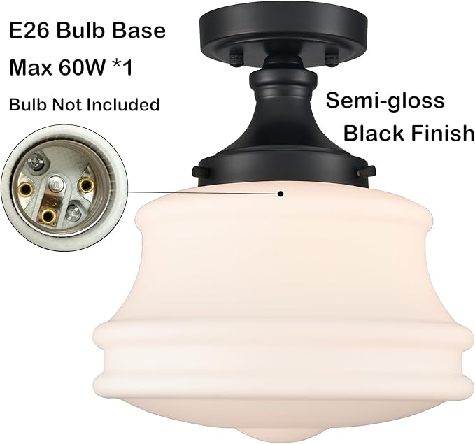 Black Schoolhouse Ceiling Light Milk Glass Semi Flush Mount Ceiling Light 11-Inch Modern Matte Black Schoolhouse Light Fixtures for Hallway Bedroom Bathroom Kitchen Foyer