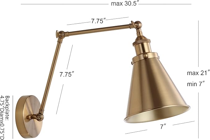 JONATHAN Y 7" Brass Gold Classic Industrial Metal Adjustable Arm LED Wall Sconce for Bedside Reading, Farmhouse Swing Arm Wall Lamp with Metal Shade, Hardwired (JYL7461A)