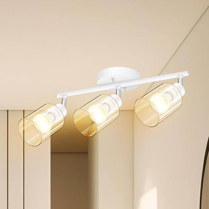 BoostArea 3-Light Bathroom Light Fixtures, White Modern Vanity Wall Lights with Clear Glass Shade,Flexibly Ceiling Light for Mirror Kitchen Living Room Hallway Cabinet Porch