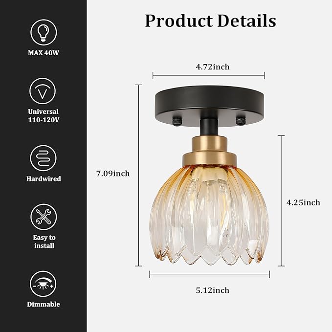 TALOYA Semi Flush Mount Ceiling Light,4 Pack Close to Ceiling Light Fixtures with Amber Tulip Glass Shades Modern Farmhouse Lighting Fixtures for Hallway Corridor Kitchen Bathroom Bedroom Passway