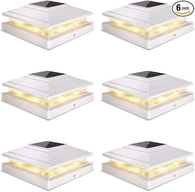 Post Cap Lights Outdoor 6pack, Waterproof Fence Post Solar Lights for 4x4 5x5 6x6 Wood/Vinyl Posts, White Solar Deck Post Lights with 2 Color Modes Decorate Garden Patio Porch Backyard