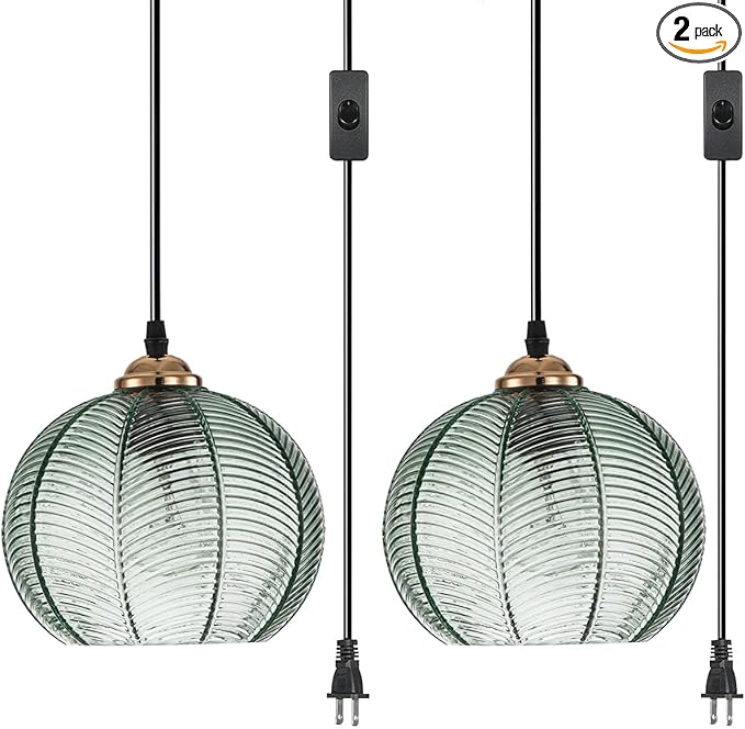 Plug in Hanging lamp 2 Pack,14.75ft Hanging Light with Plug in Cord Hand Blown Green Glass Pendant Lamp Globe Pendant Light Plug in Pendant Light for Kitchen Bedroom Living Dining Room