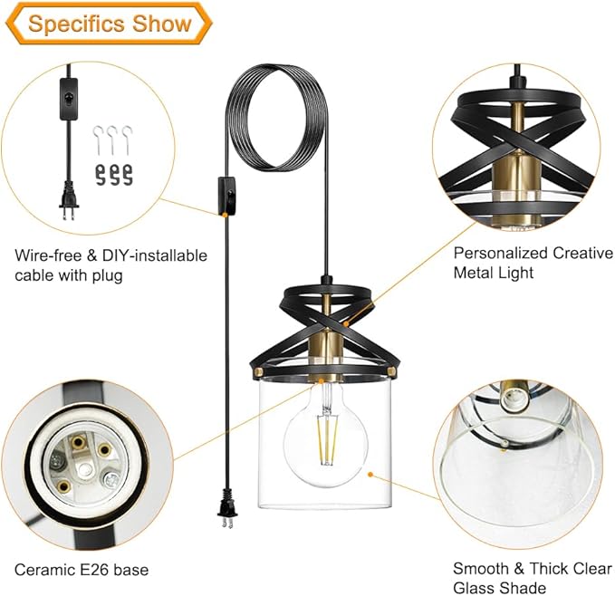 Modern Black and Gold Plug in Hanging Lamp - 16.4ft Adjustable Corded Pendant Light with 5.9" Clear Glass Shade - Kitchen Island & Sink Lighting for Farmhouse Living Room, Bedroom, Dining Room Fixture